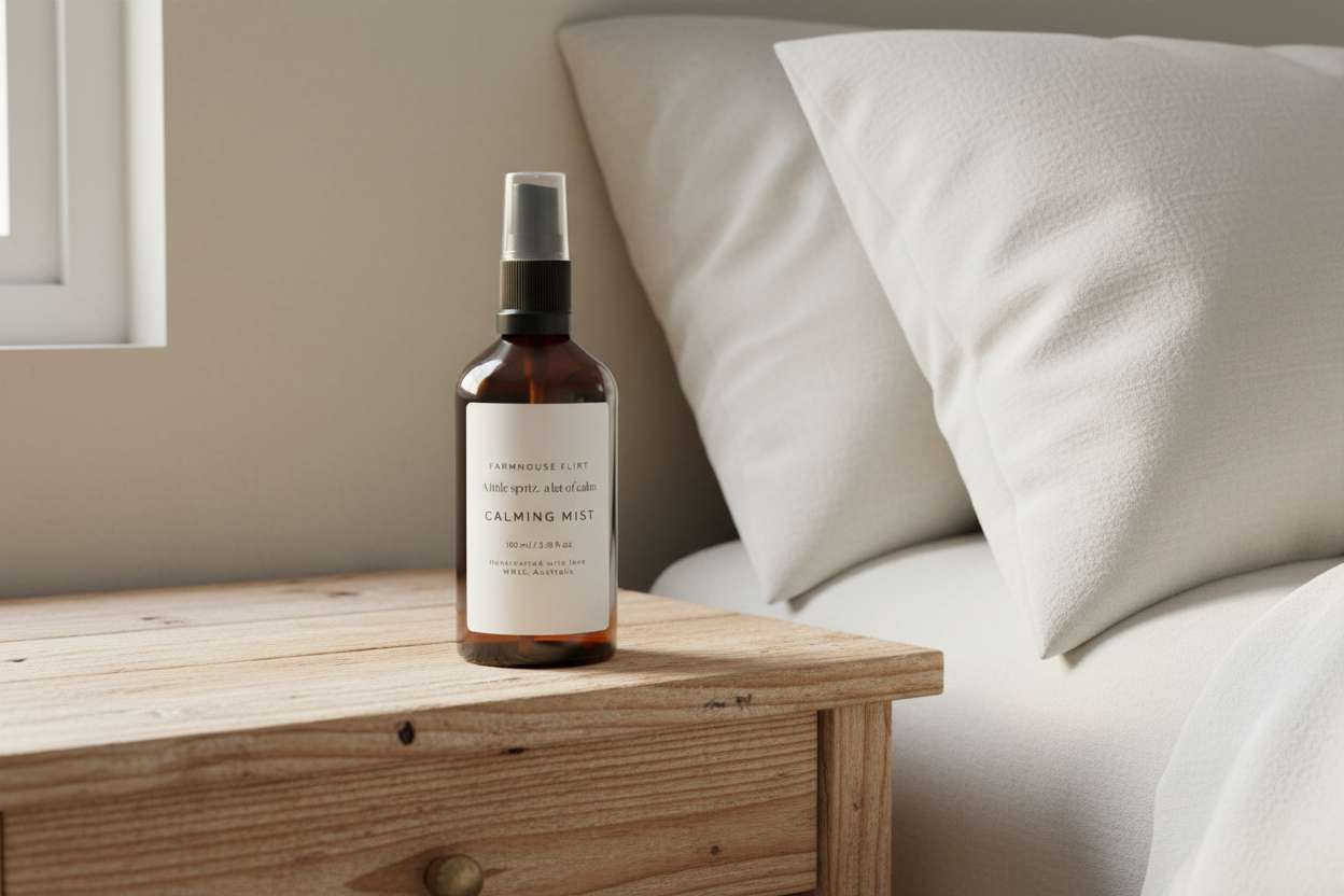 Bottle of 'Calming Mist' on a wooden nightstand with pillows in the background