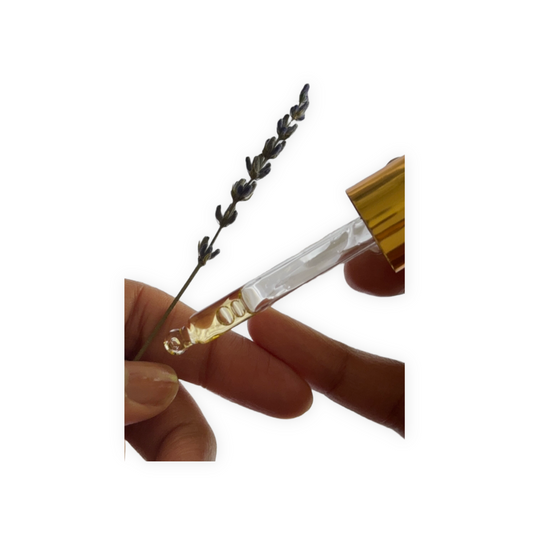 Hand holding a dropper with WRLE face oil and a sprig of lavender.