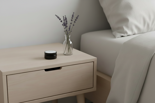 Small round device on a wooden nightstand next to a bed with white bedding.