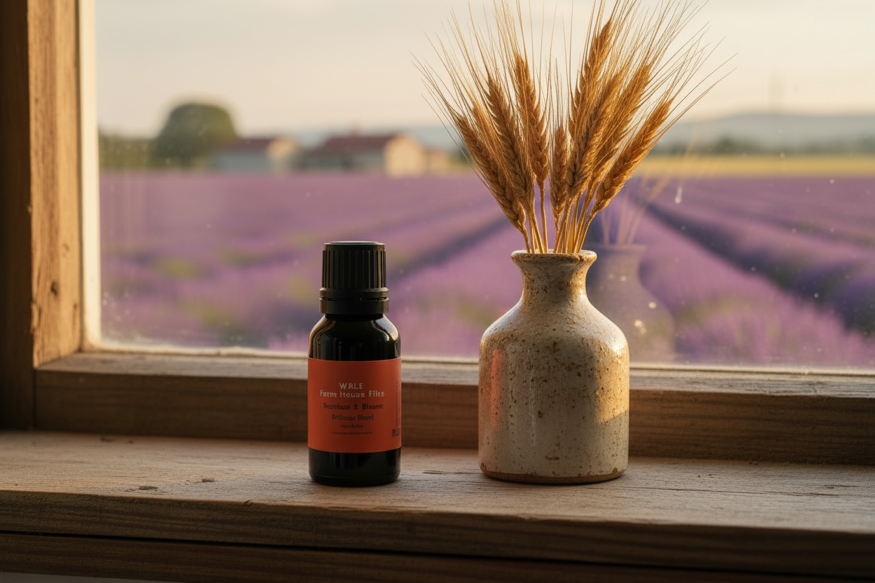 A bottle of essential oil with an orange label and a glass diffuser with sticks on a light gray background.