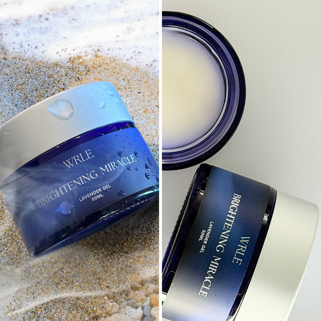 WRLE Brightening Miracle jar on sand and white background