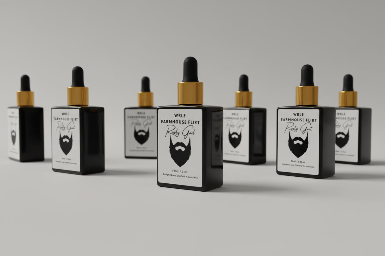 Set of black bottles with droppers on a wooden surface
