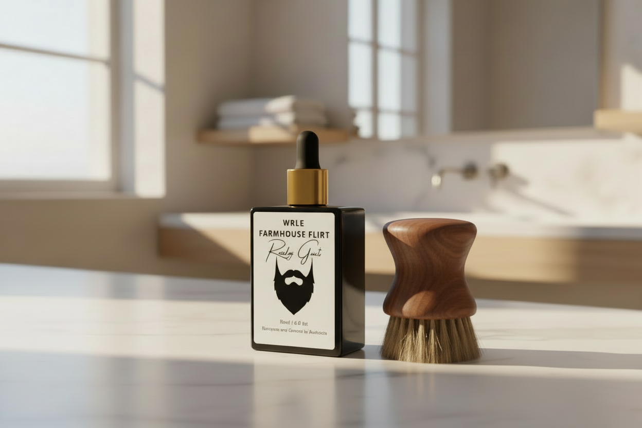 Bottle of beard oil on a bathroom counter with blurred background
