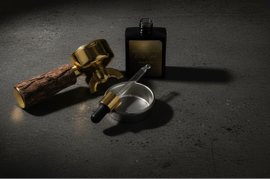 Gold valve, small container with a lid, and black bottle on a wooden surface.