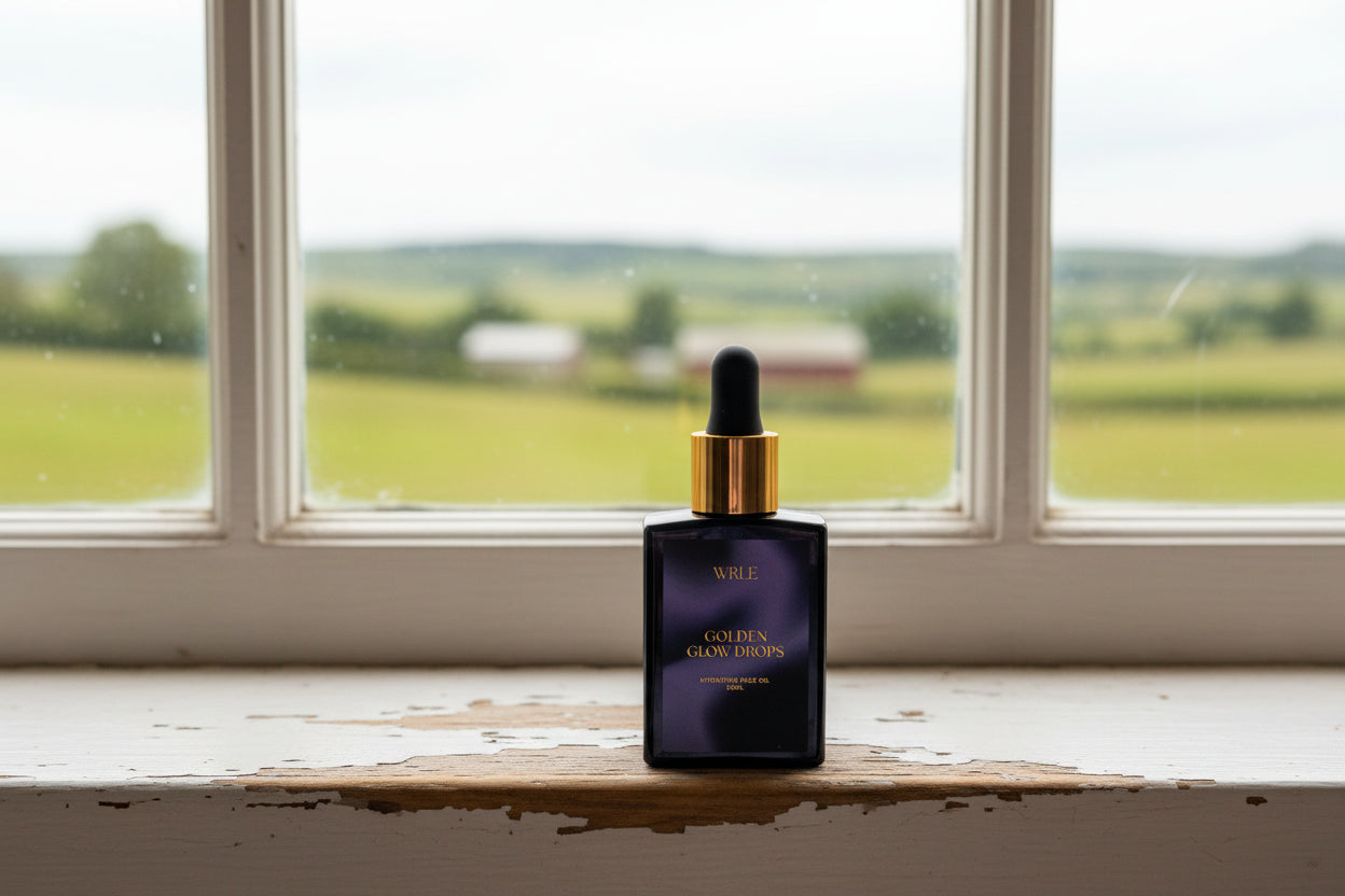Black bottle with gold cap labeled Golden Glow Drops' on a white background