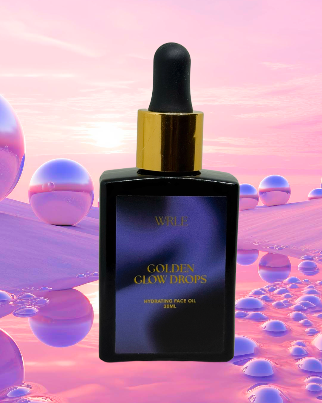 Black dropper bottle with gold cap on a pink and purple abstract background