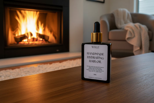 Black bottle of HANDMADE HYDRATING HAIR OIL with dropper on a light surface.